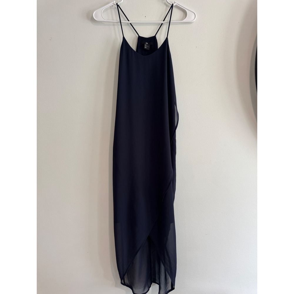 H&M Chiffon Tulip Hem Midi Dress Womens Size 2 Navy Blue Racerback Strappy